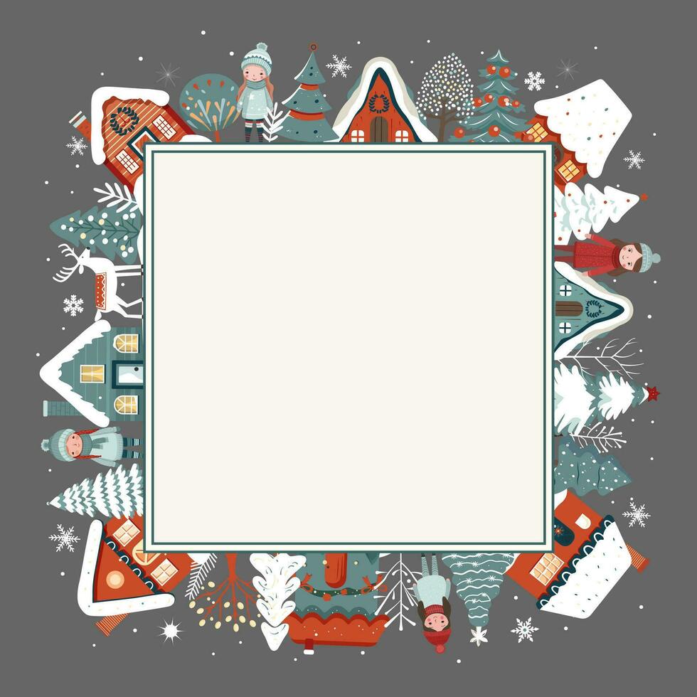 Square winter card, Christmas frame, scandi houses, girls, deer, snowy trees. New Year, winter poster, ornament vector