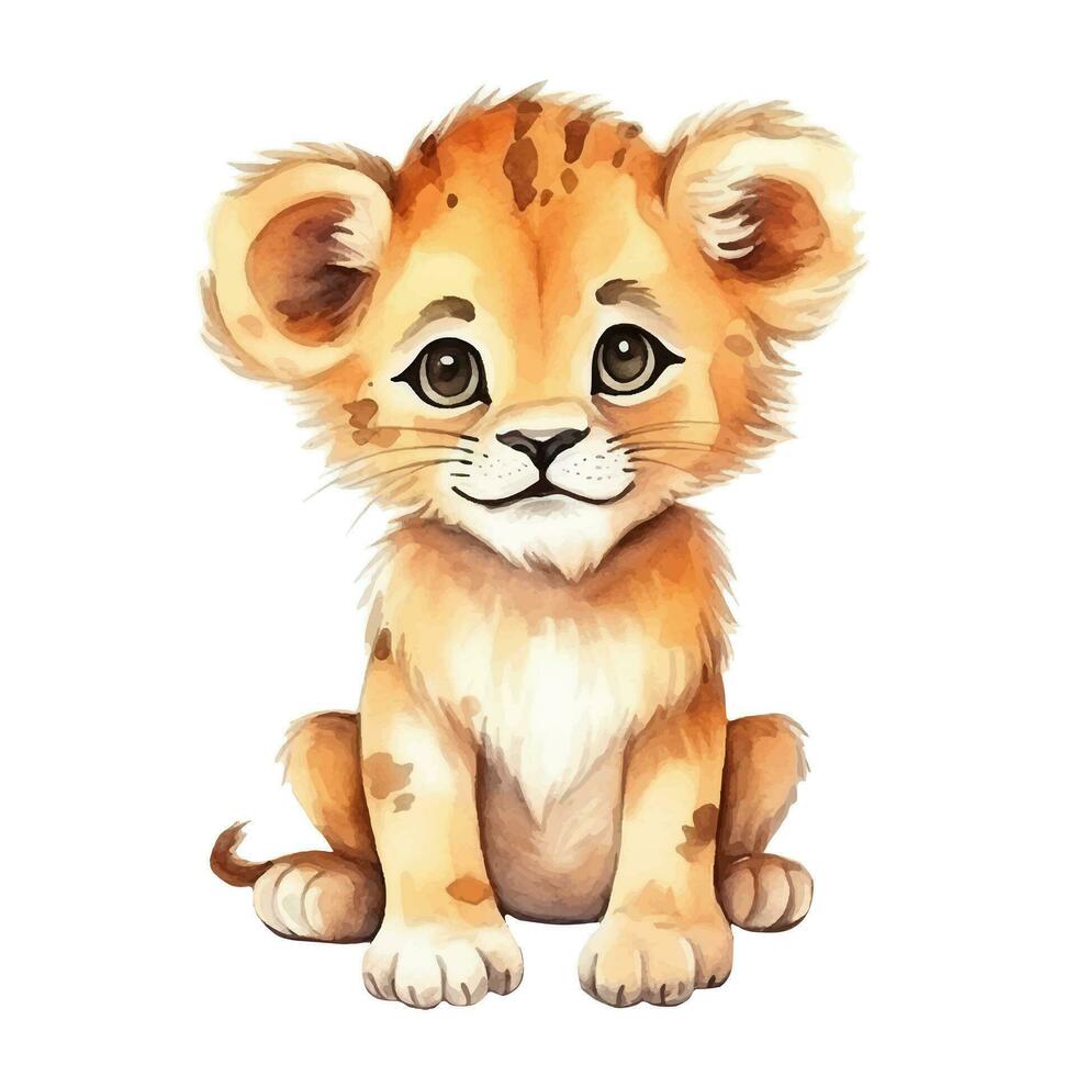 Cute baby lion cartoon in watercolor style. Watercolor lion. Vector illustration with hand drawn lion. Clip art.