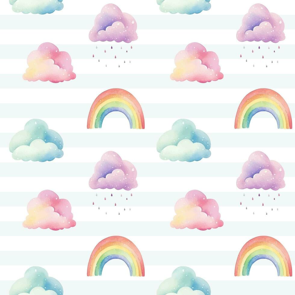 Seamless colorful rainbow and clouds pattern. Watercolor clouds rainbows vector background in pastel colors