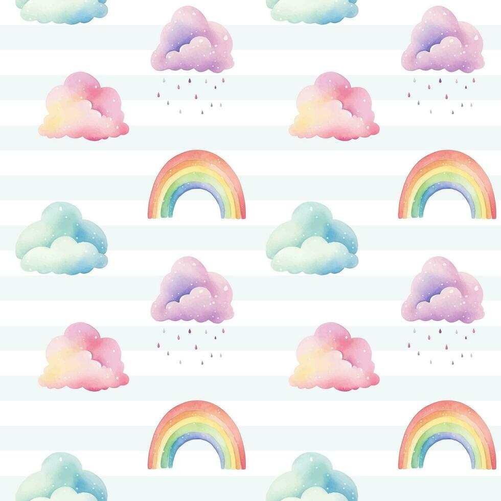 Seamless colorful rainbow and clouds pattern. Watercolor clouds rainbows vector background in pastel colors