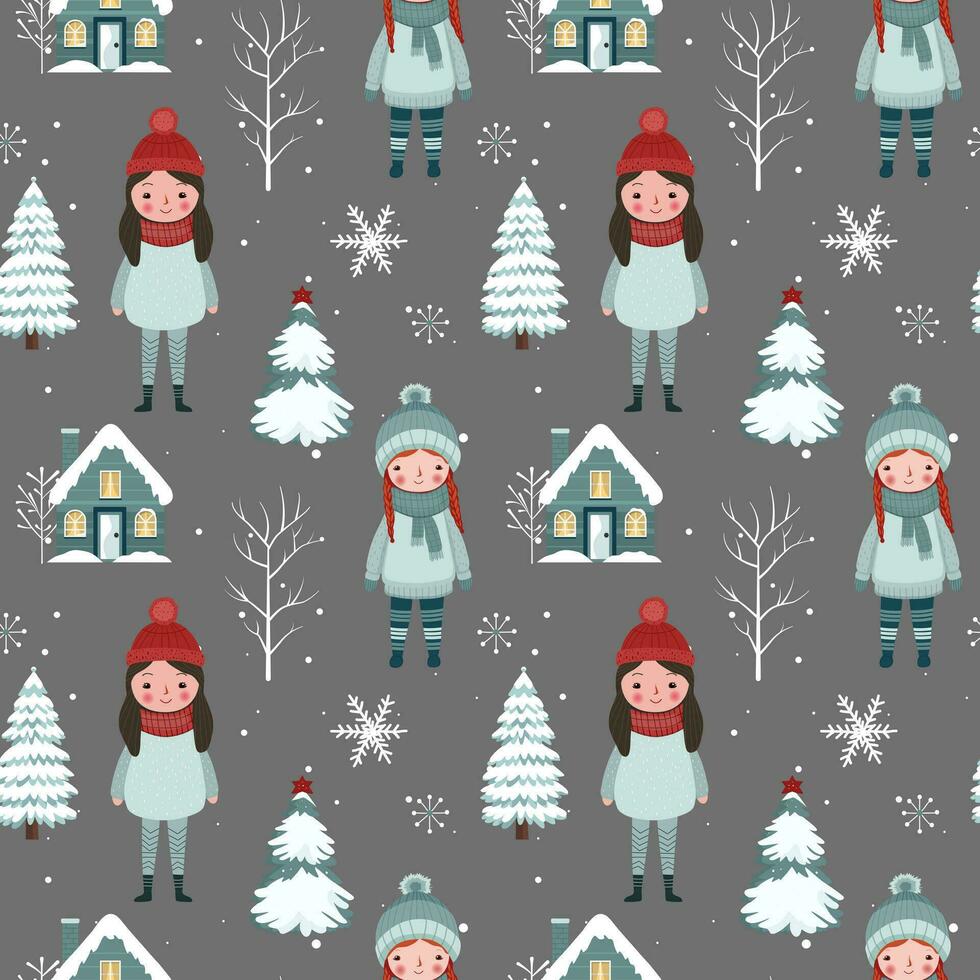 Winter seamless pattern with girls, house, snowy trees. Christmas vector pattern. Winter background design.
