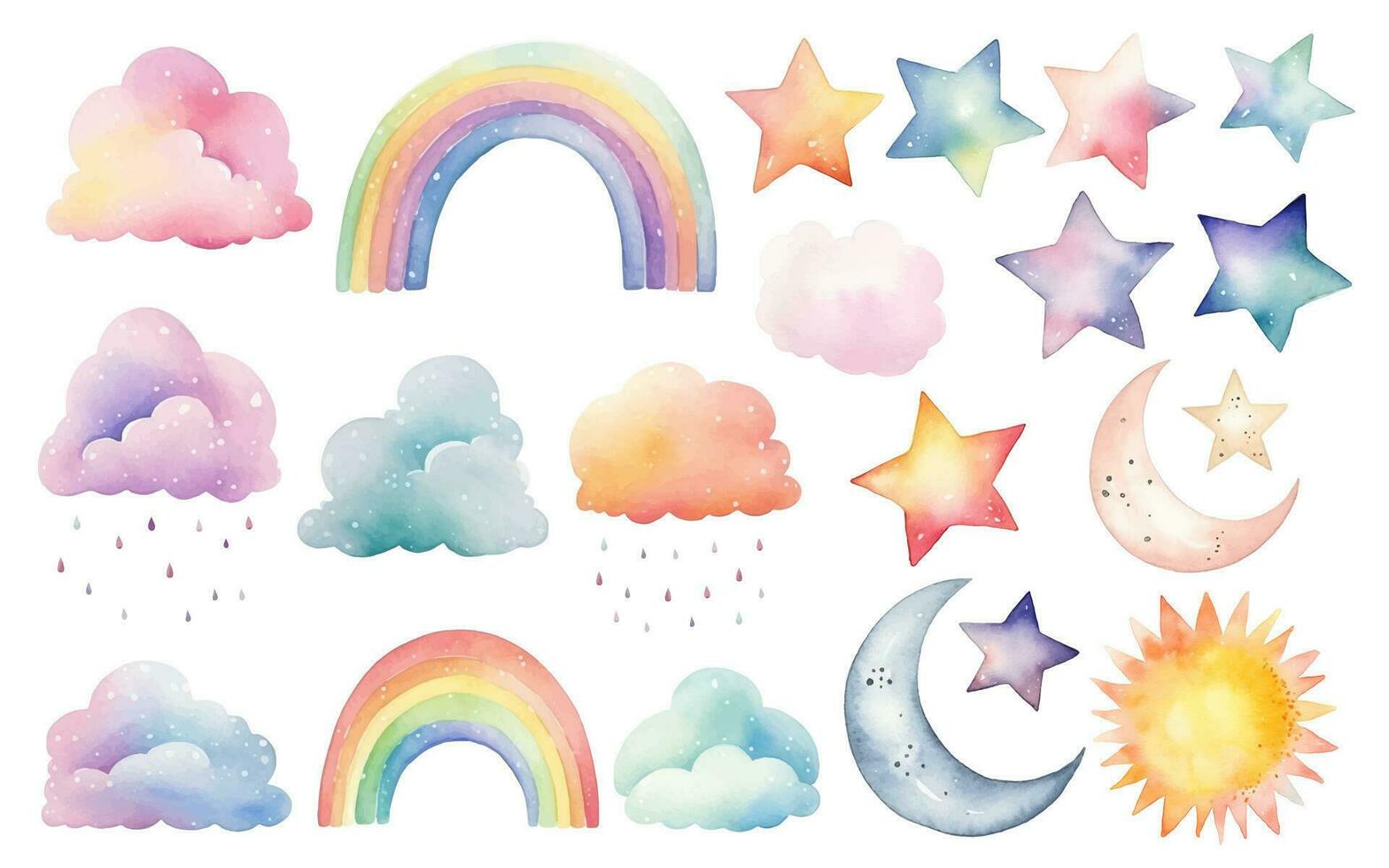 conjunto de acuarela arco iris nubes Dom Luna estrellas. fantasía pastel color. vector guardería elementos