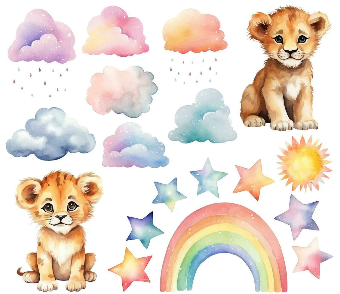 Watercolor baby lion. Set of vector hand drawn lions, nursery elements, clouds rainbow, stars, wall stickers. Pastel colors