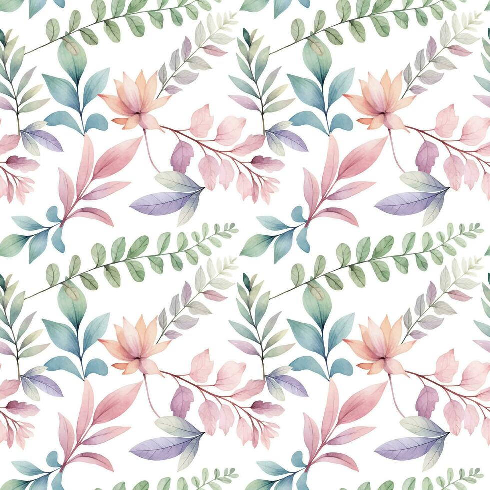 Watercolor floral background. Seamless pattern with delicate leaves and flowers. Hand drawn botanical wallpaper vector