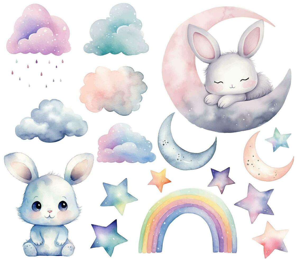 Watercolor bunny, sleeping rabbit. Set of vector hand drawn nursery elements rainbow moon, stars, wall stickers.