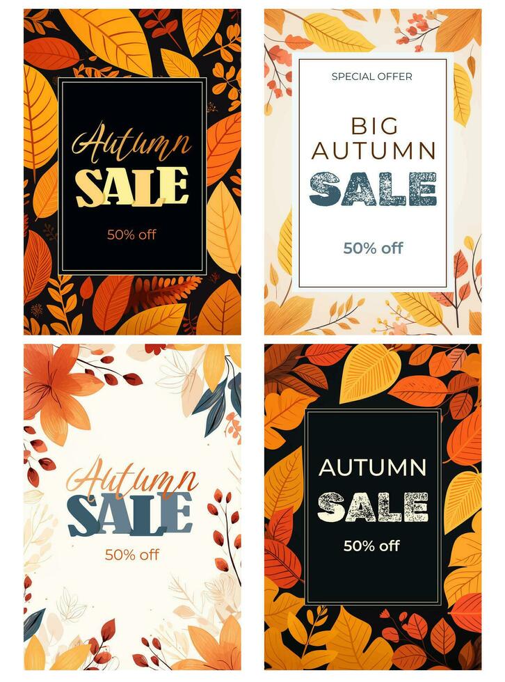 Set of autumnal frames, backgrounds, banner. Poster with beautiful leaves. Template for advertising, social media vector