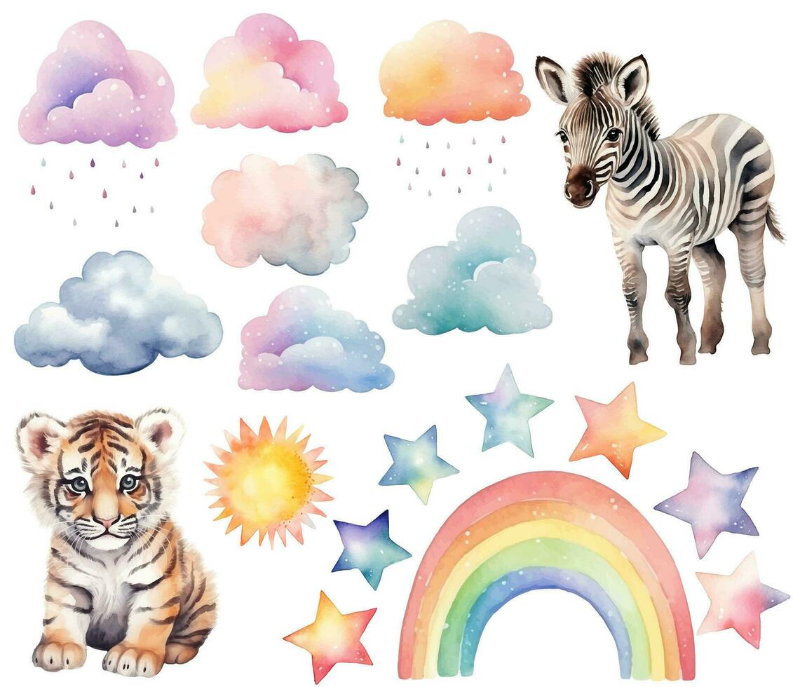 Watercolor baby tiger, zebra. Set of vector hand drawn nursery elements, clouds rainbow, stars, wall stickers