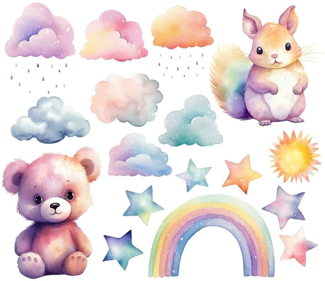 Watercolor baby bear, squirrel. Set of vector hand drawn nursery elements, clouds, rainbow, stars, wall stickers. Pastel colors