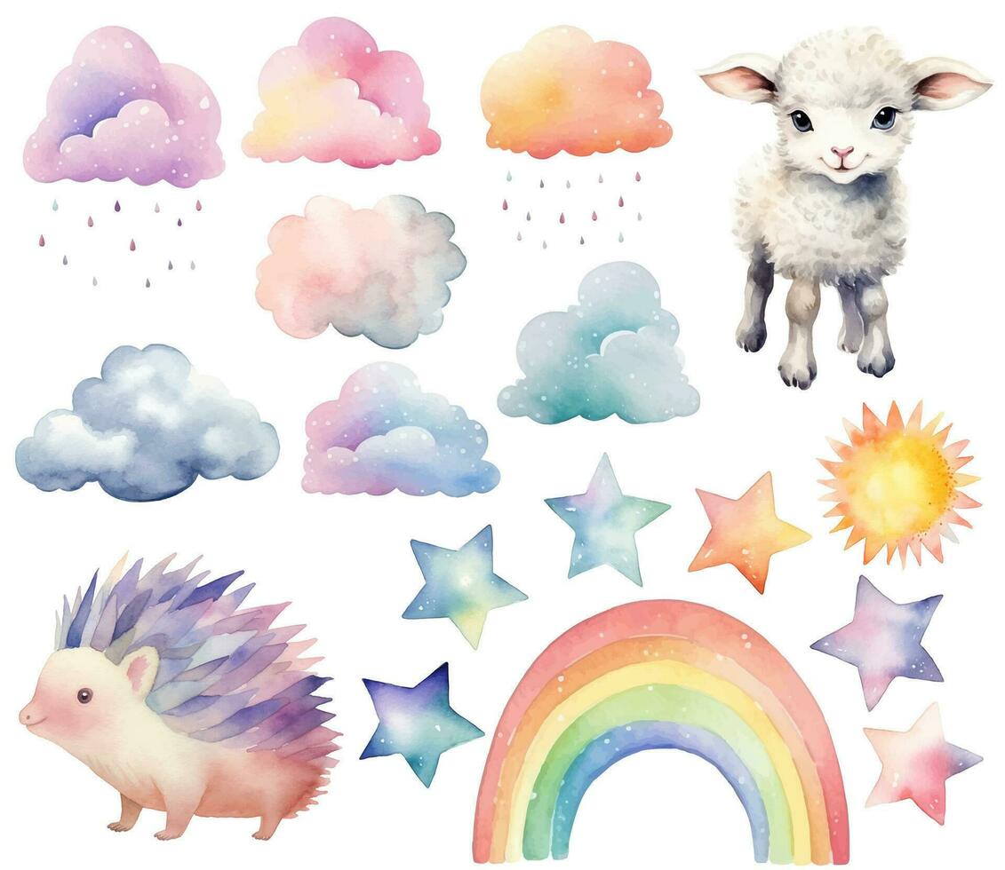 Watercolor baby sheep, hedgehog. Set of vector hand drawn nursery elements, rainbow, stars, wall stickers. Pastel colors