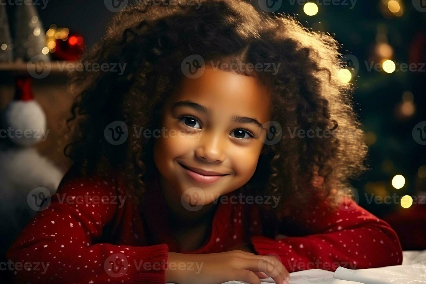 AI Generative. Happy African American child girl writing a letter to Santa Claus. The girl looks at the camera and smiles photo
