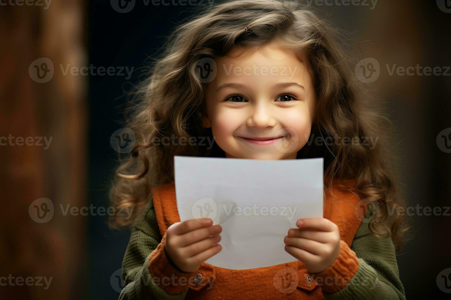 AI Generative. Happy little girl reads her parents the letter she wrote to Santa Claus photo