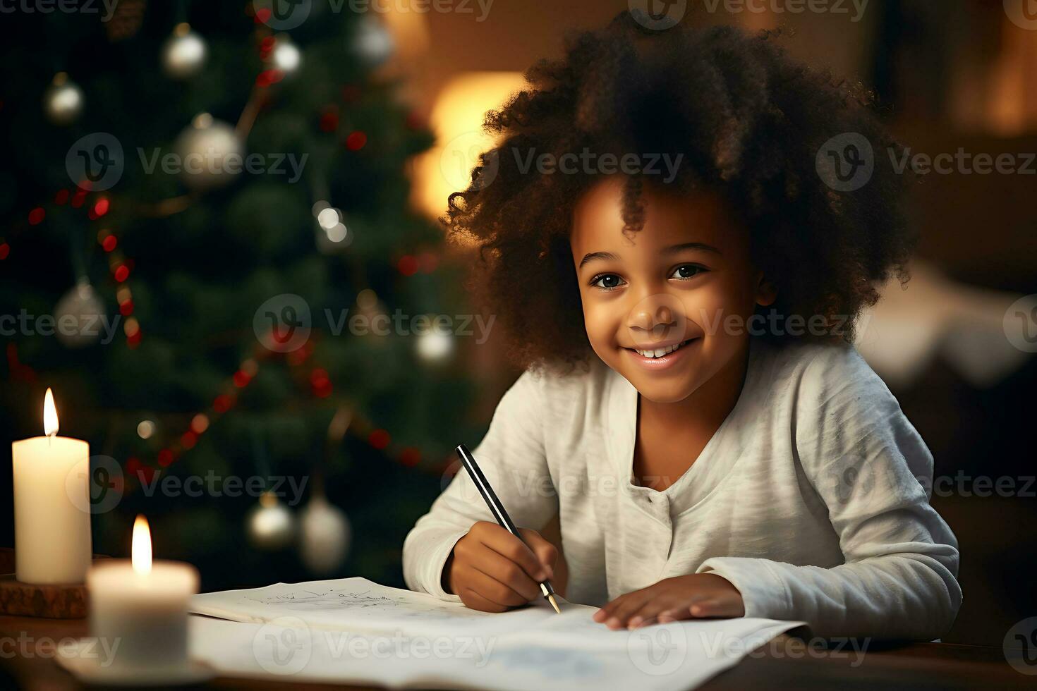 AI Generative. Happy African American child girl writing a letter to Santa Claus. photo