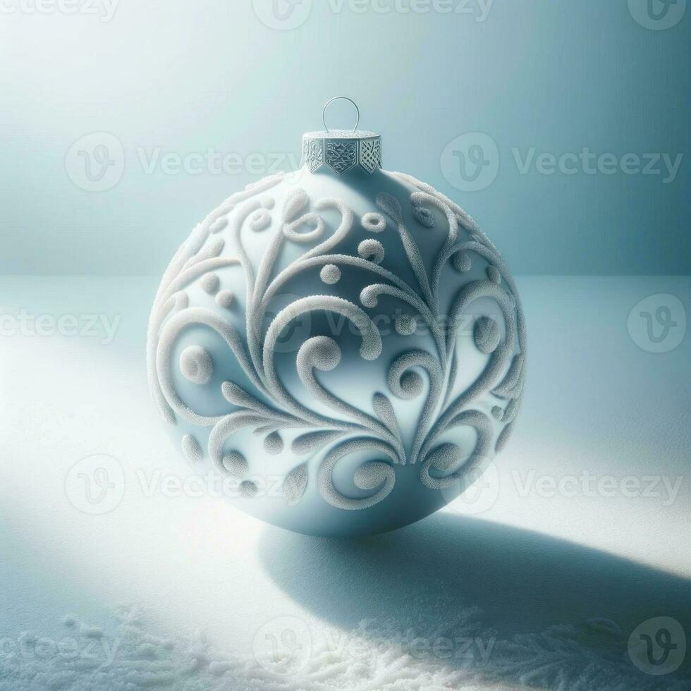 Snowy blue Christmas bauble. AI Generated. photo