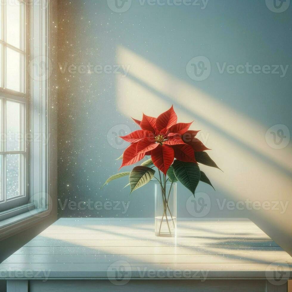 Winter poinsettia in vase with light. AI Generated. photo