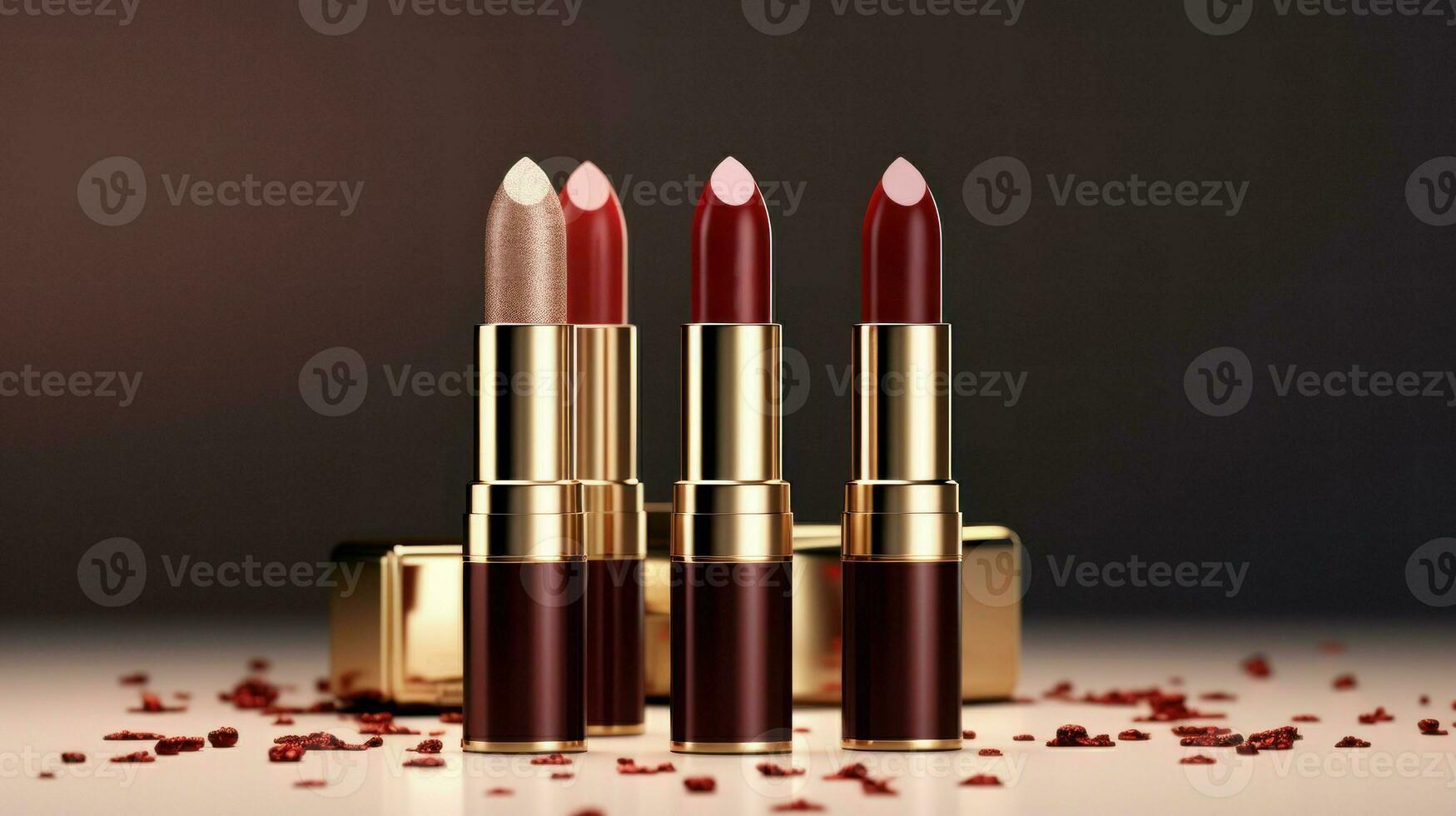 Assorted lipsticks in maroon and gold. AI Generated. photo