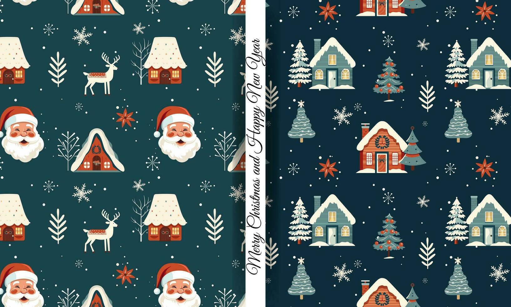 Set of winter seamless patterns with cute santa and houses. Scandinavian Christmas pattern. Winter background vector