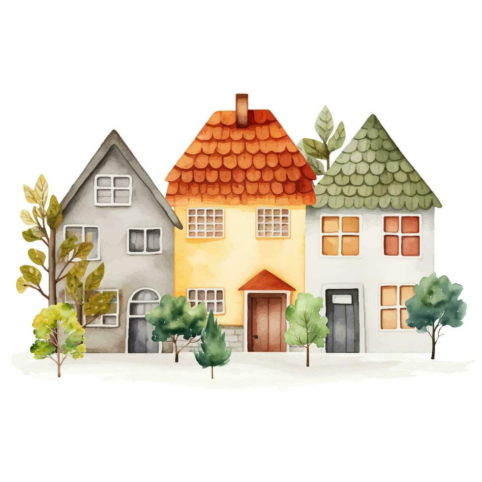 escandinavo casas y arboles linda scandi acuarela calle. europeo edificio exterior. infantil vector ilustración