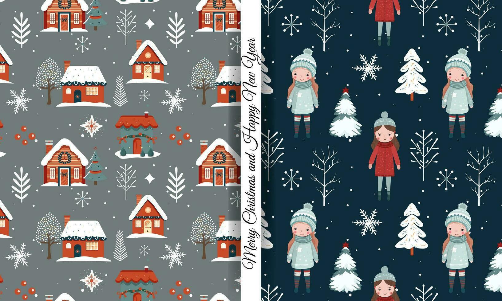 Set of winter seamless patterns with cute girls and houses. Scandinavian Christmas pattern. Winter background vector