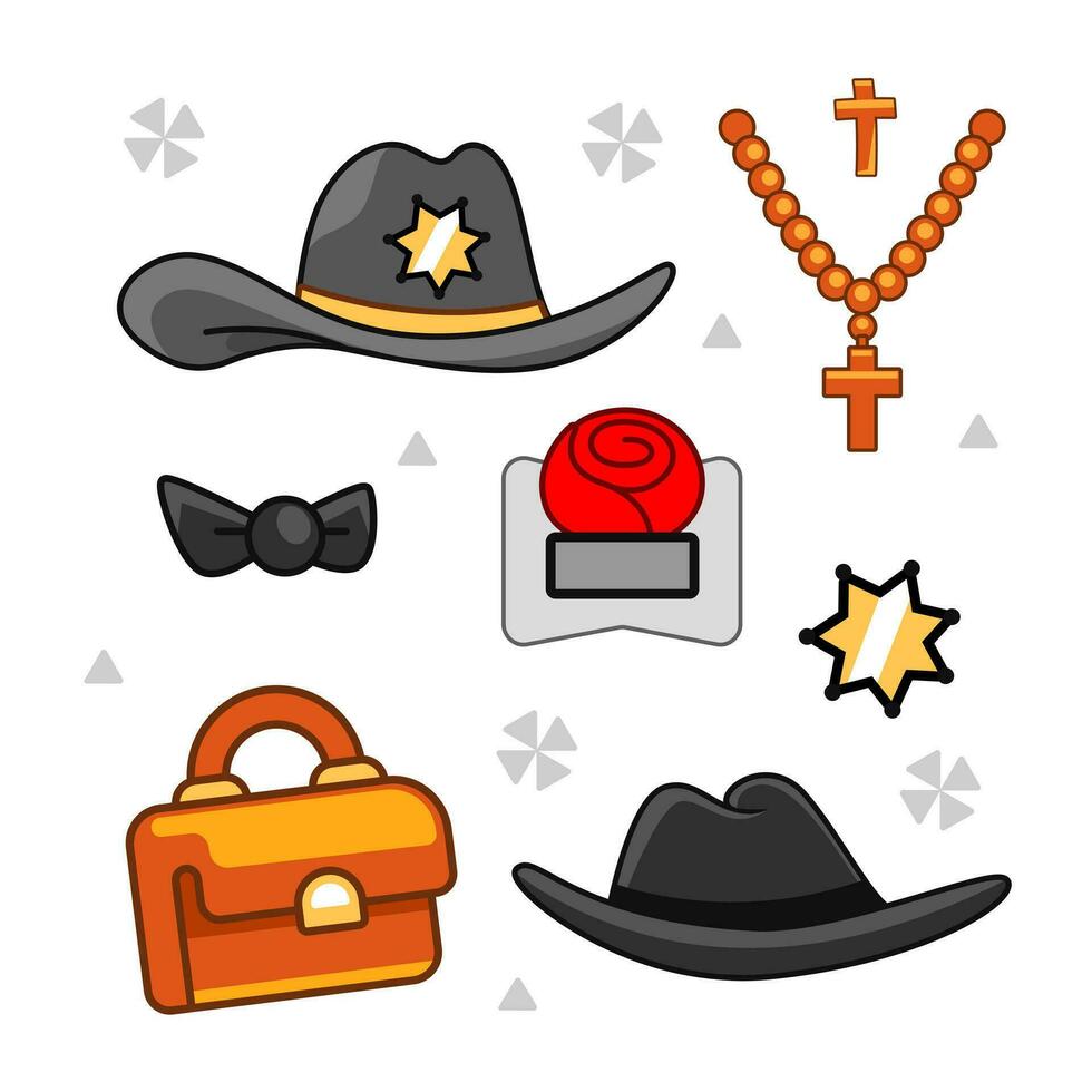 conjunto de vector elementos, dibujos animados estilo accesorios, vaquero sombrero, del sheriff estrella, Rosa para traje, maletín, del sheriff sombrero, arco atar.