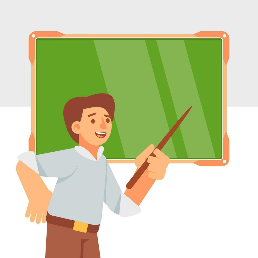 Vector illustration of a teacher at the blackboard in cartoon style.