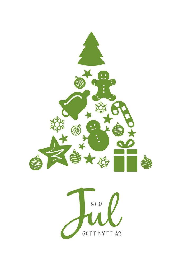 alegre Navidad y contento nuevo año letras en sueco con Navidad árbol hecho de Navidad decoraciones Navidad tarjeta concepto vector