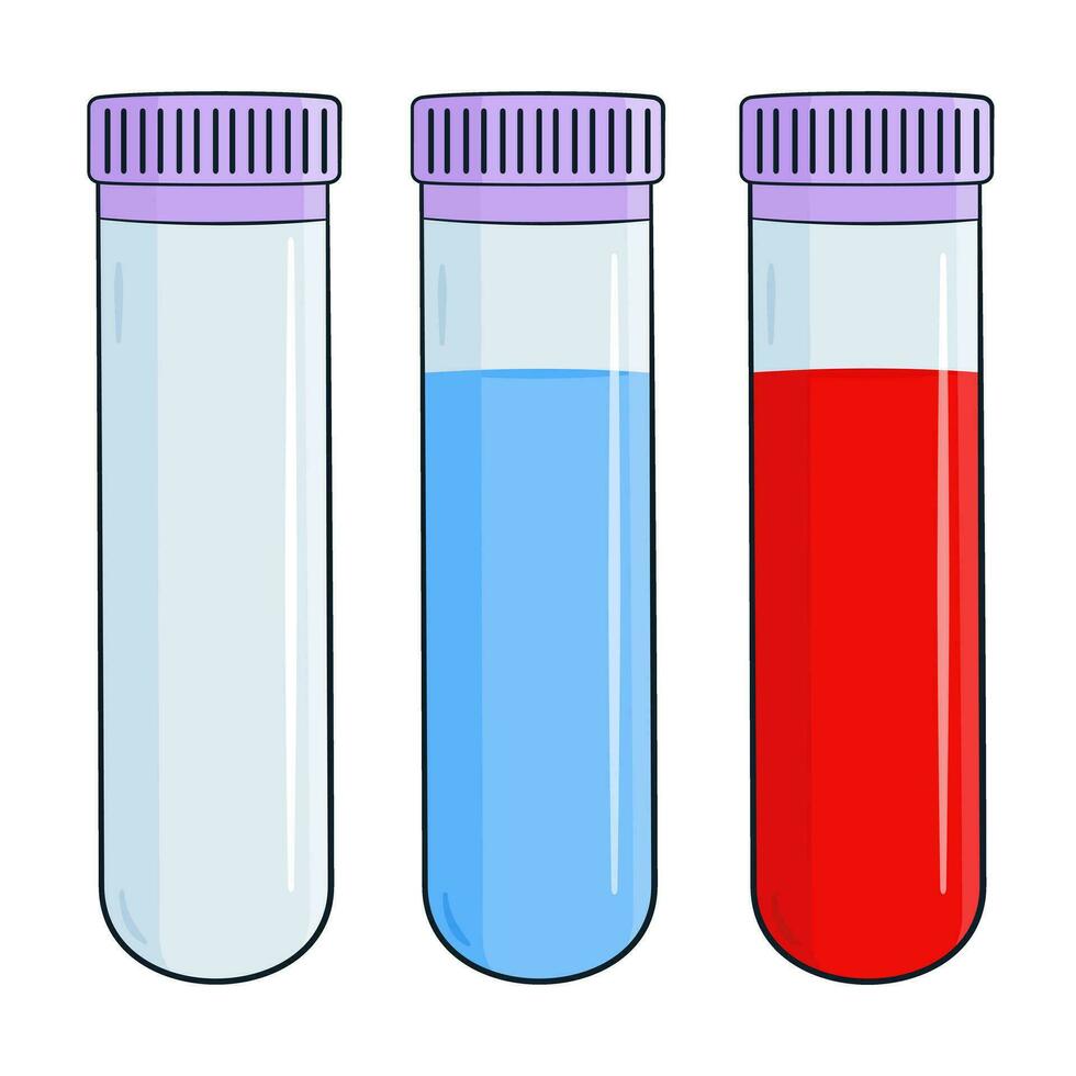 Set of test tubes with cap. Empty, with fluid and blood. vector
