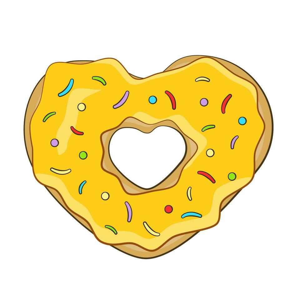 Yellow heart-shaped donut with sprinkles vector