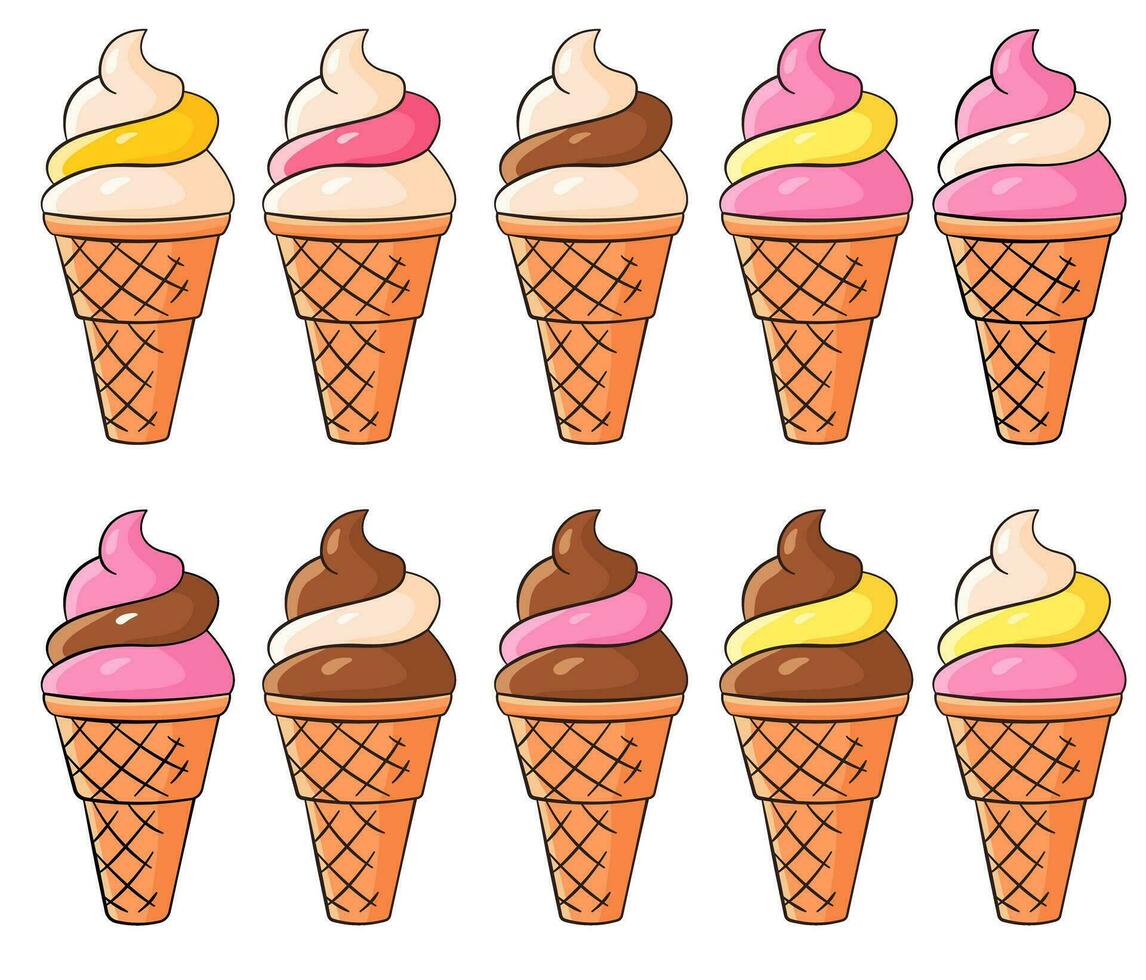 A set of ice cream in a waffle in various flavors vector