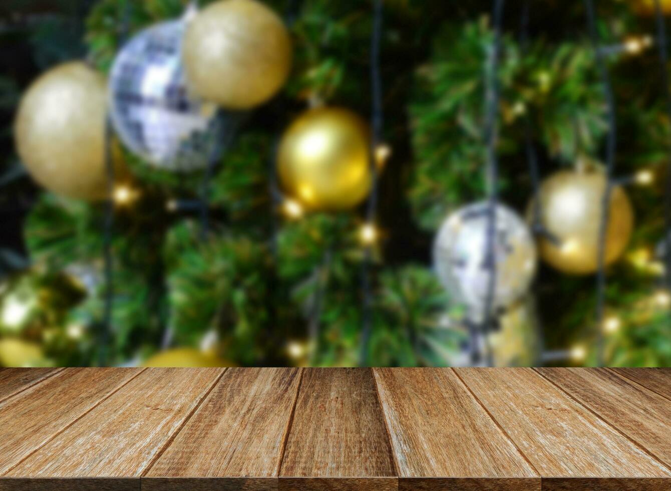 celebration background of Wood table top on colorful bokeh photo