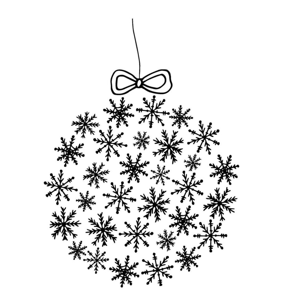 Navidad árbol juguete hecho de copos de nieve con un arco.vector ilustración en garabatear estilo. invierno fiesta decoración nuevo año, Navidad. Nevado resumen modelo para tarjetas, embalaje. dibujado a mano Arte. vector