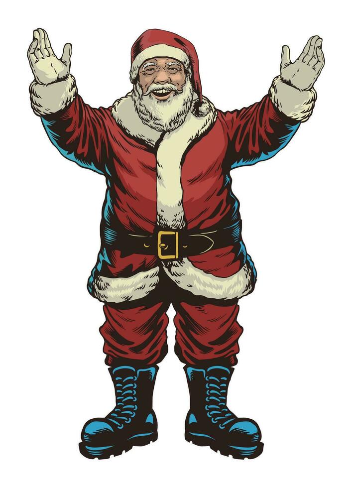Happy Santa with Open Arm in Vintage Hand Drawn Style vector