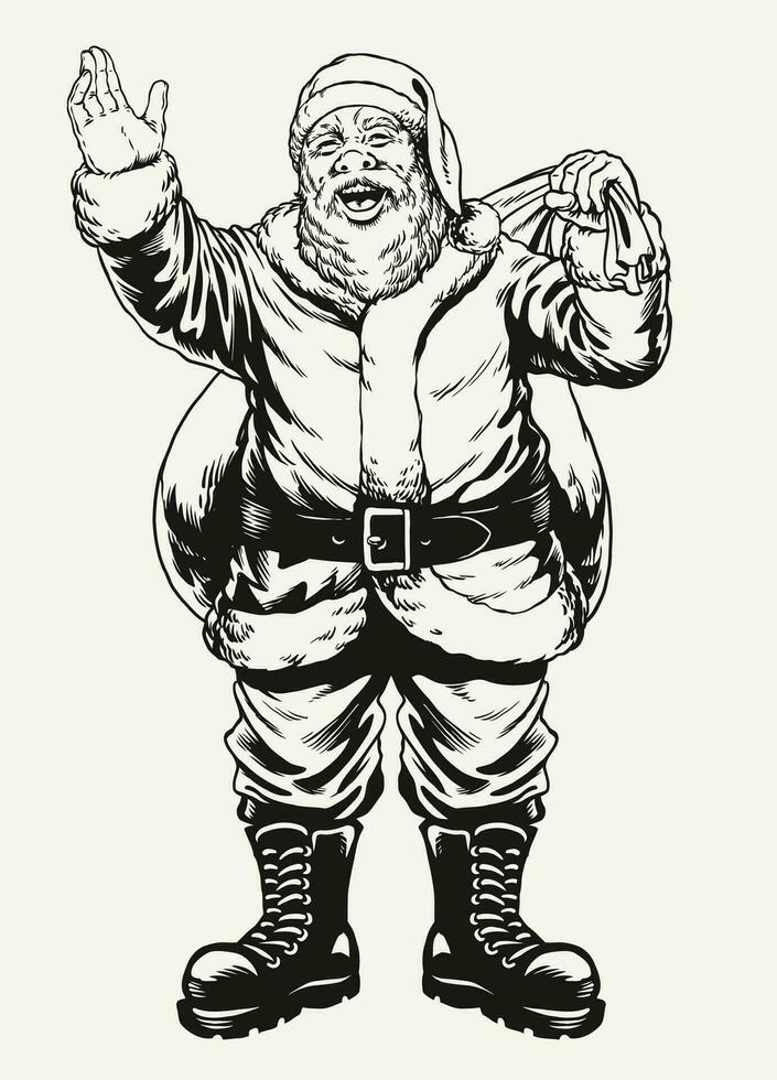Vintage Hand Drawn Santa Claus Illustration Carry Big Sack of Present vector