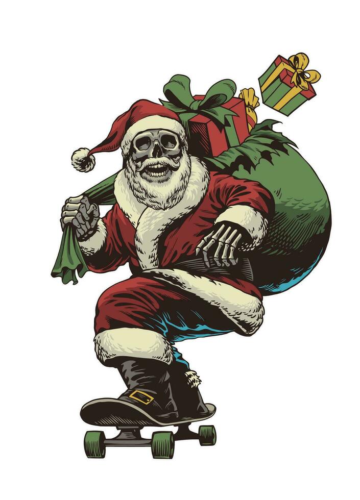 Skull Santa Riding Skateboard Carry Many Gift in Hand Drawn Style vector