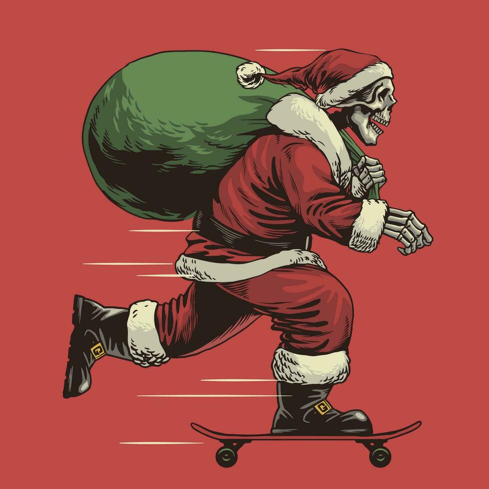 Skull Santa Riding Skateboard In Hand Drawn Vintage Style vector