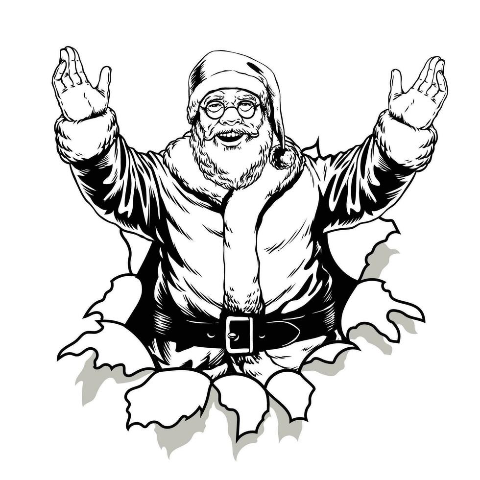 Joyful Santa with Open Arm Coming out from broken paper Hand Drawn Illustration vector