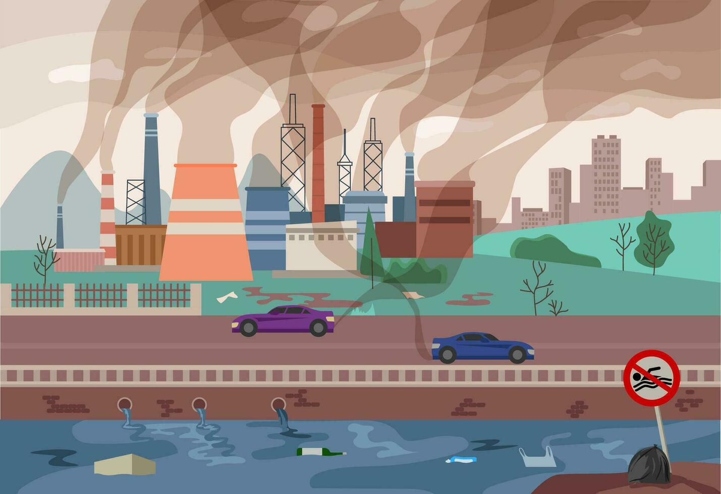 Vector background with environmental pollution. Factory plant smokes with smog, trash emission from pipes to river water. Ecology, nature concept. Vector illustration