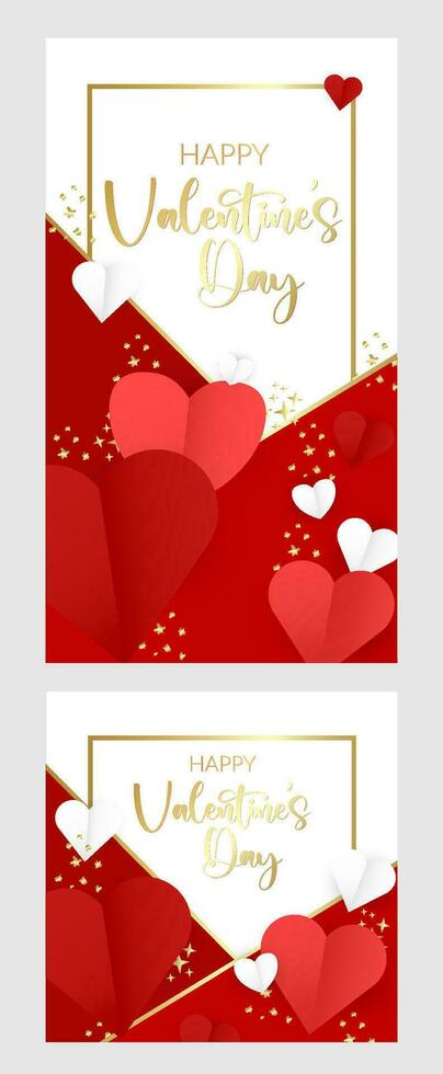 Valentine's day stories banners set. Pink, red background with flying hearts. Round retail display. Promo banners of Valentines day holiday with calligraphy text, font. Heart wave. Vector illustration