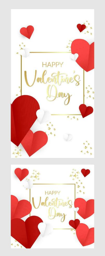 Valentine's day stories banners set. Pink, red background with flying hearts. Round retail display. Promo banners of Valentines day holiday with calligraphy text, font. Heart wave. Vector illustration