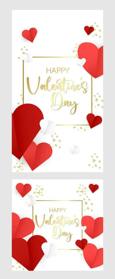 San Valentín día cuentos pancartas colocar. rosa, rojo antecedentes con volador corazones. redondo Al por menor mostrar. promoción pancartas de san valentin día fiesta con caligrafía texto, fuente. corazón ola. vector ilustración