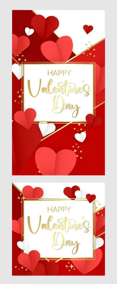 Valentine's day stories banners set. Pink, red background with flying hearts. Round retail display. Promo banners of Valentines day holiday with calligraphy text, font. Heart wave. Vector illustration