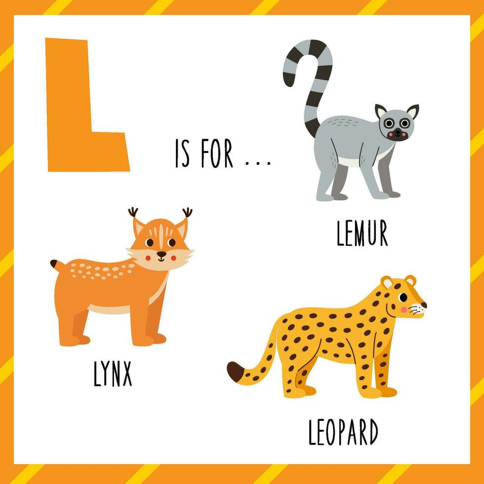 Learning English alphabet for kids. Letter L. Cute cartoon lemur lynx leopard. vector