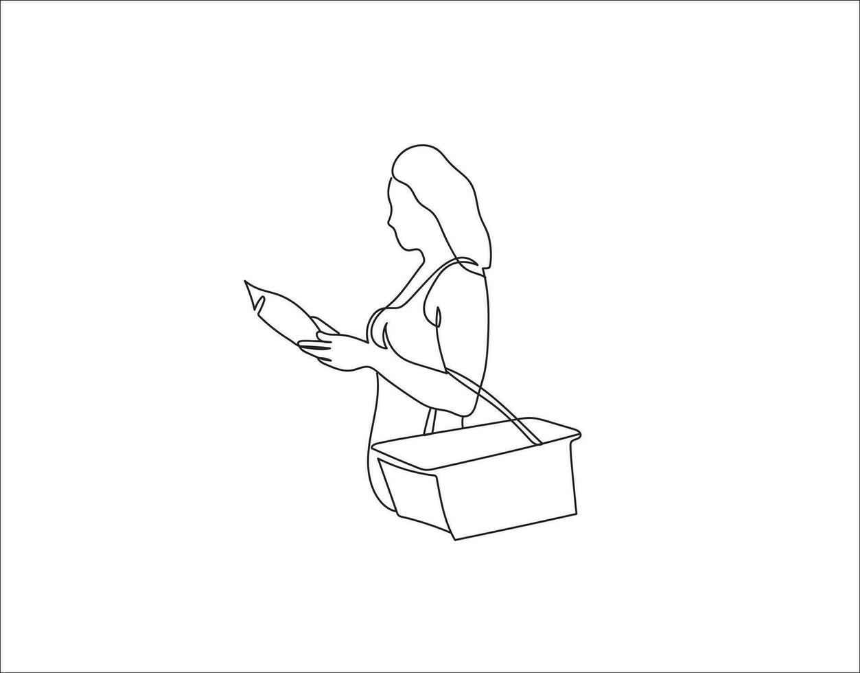 A girl picking up items in the supermarket.Continuous one-line drawing vector