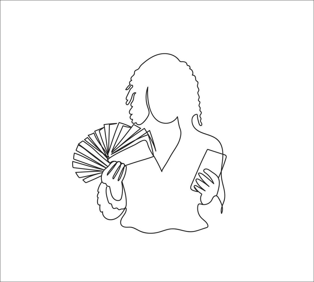 Continuous oneline drawing of woman holding money and notes vector