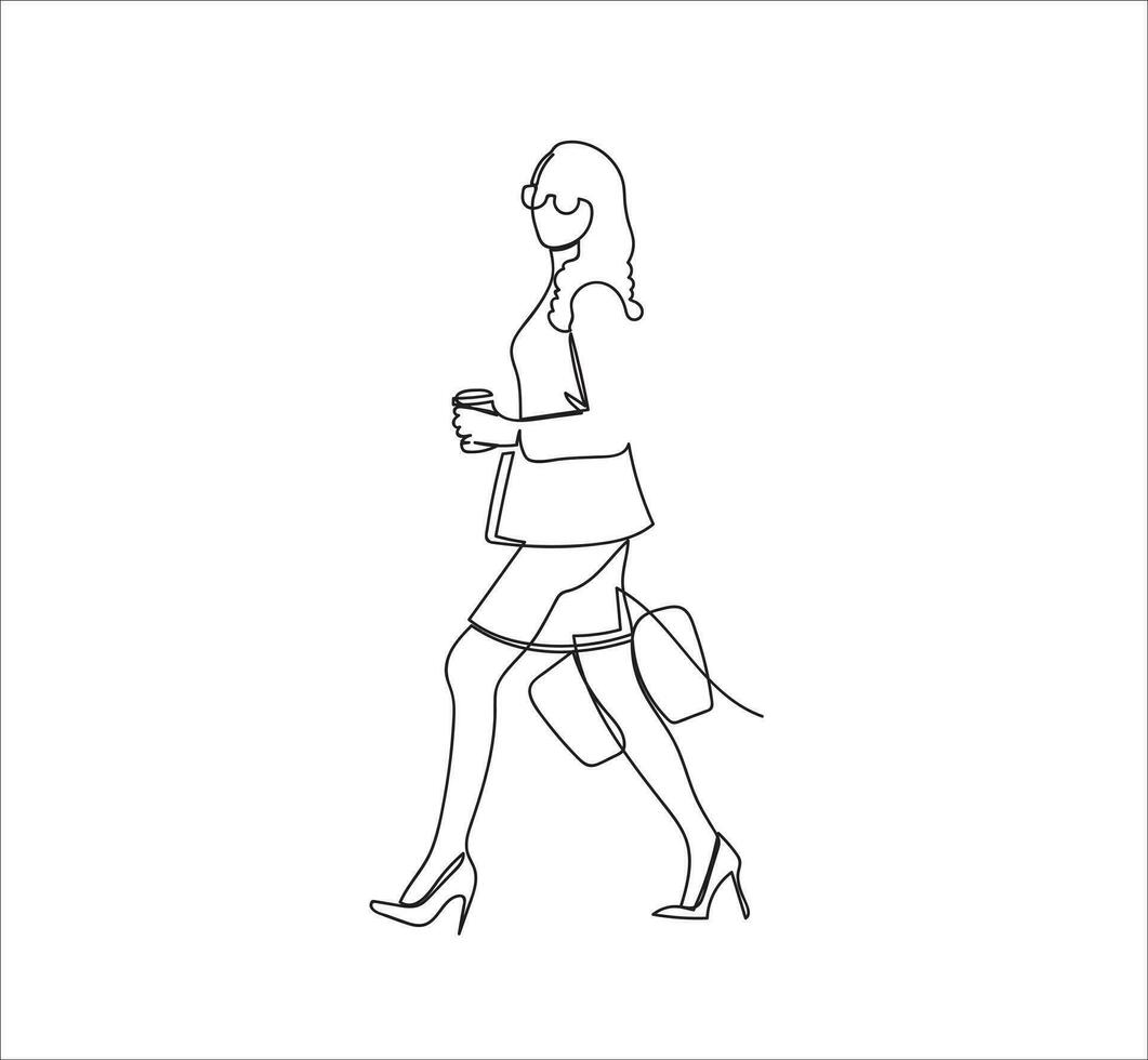 continuo línea dibujo de mujer caminando a el oficina vector