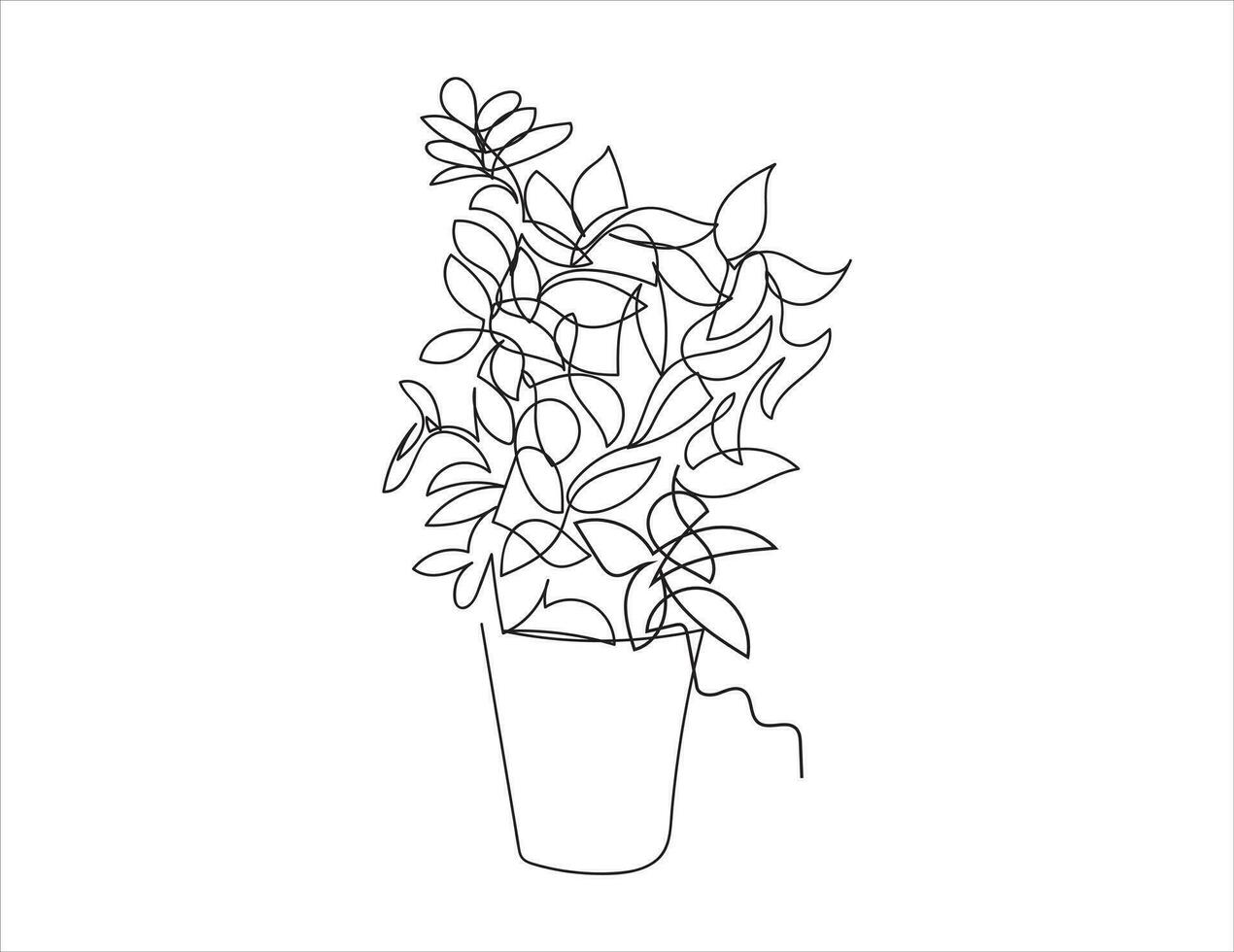 A black and white drawing of a pot with a plant in it. vector