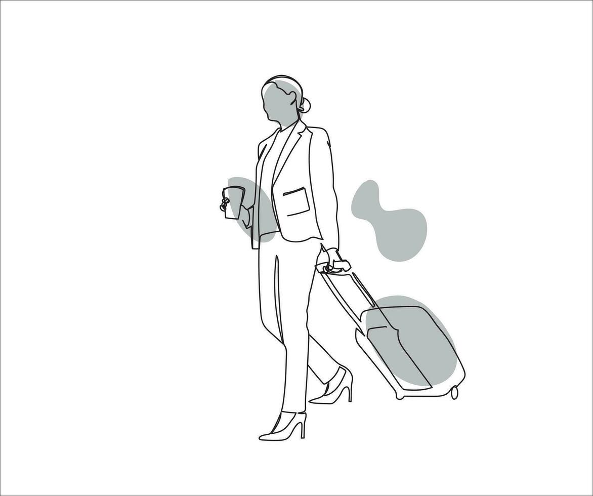 continuo línea dibujo de mujer tracción maletas en vacaciones excursiones vector