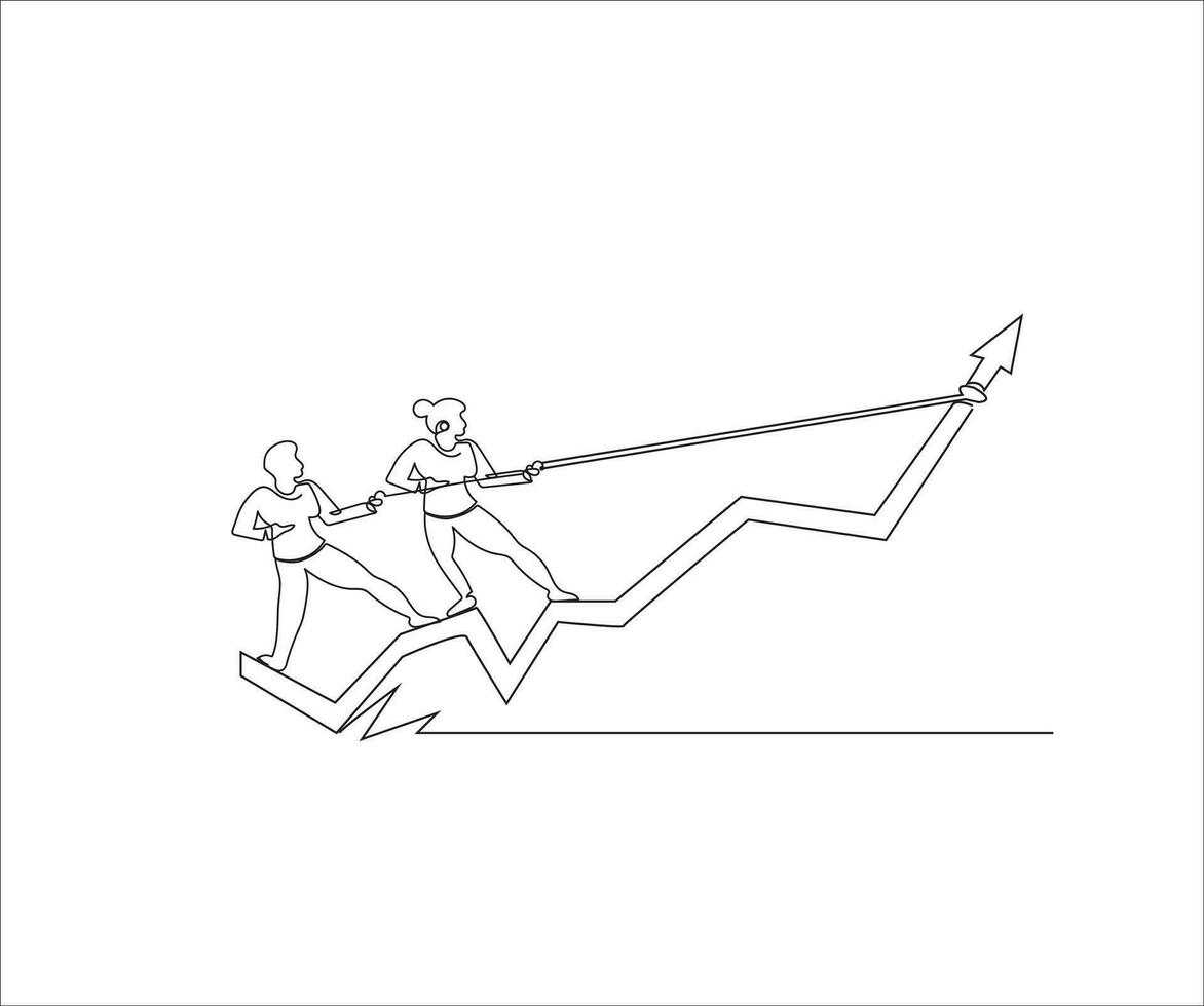 Single one line drawing businessman pulling performance graph rising up with full effort vector