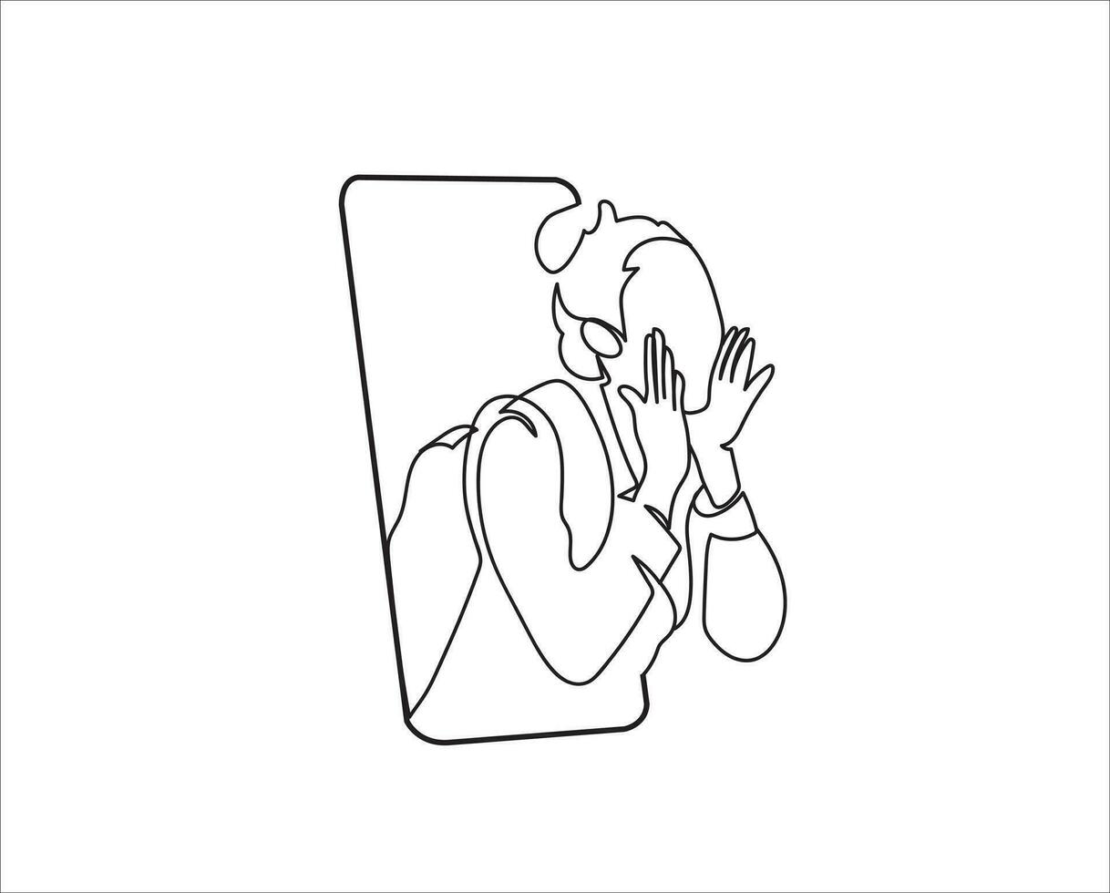 A woman coming out of her smartphone continuous line drawing vector