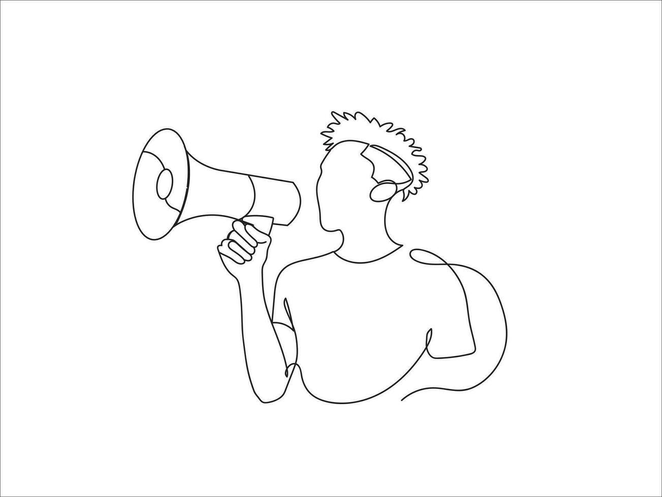 A line drawing happy boy shouting in loudspeaker vector