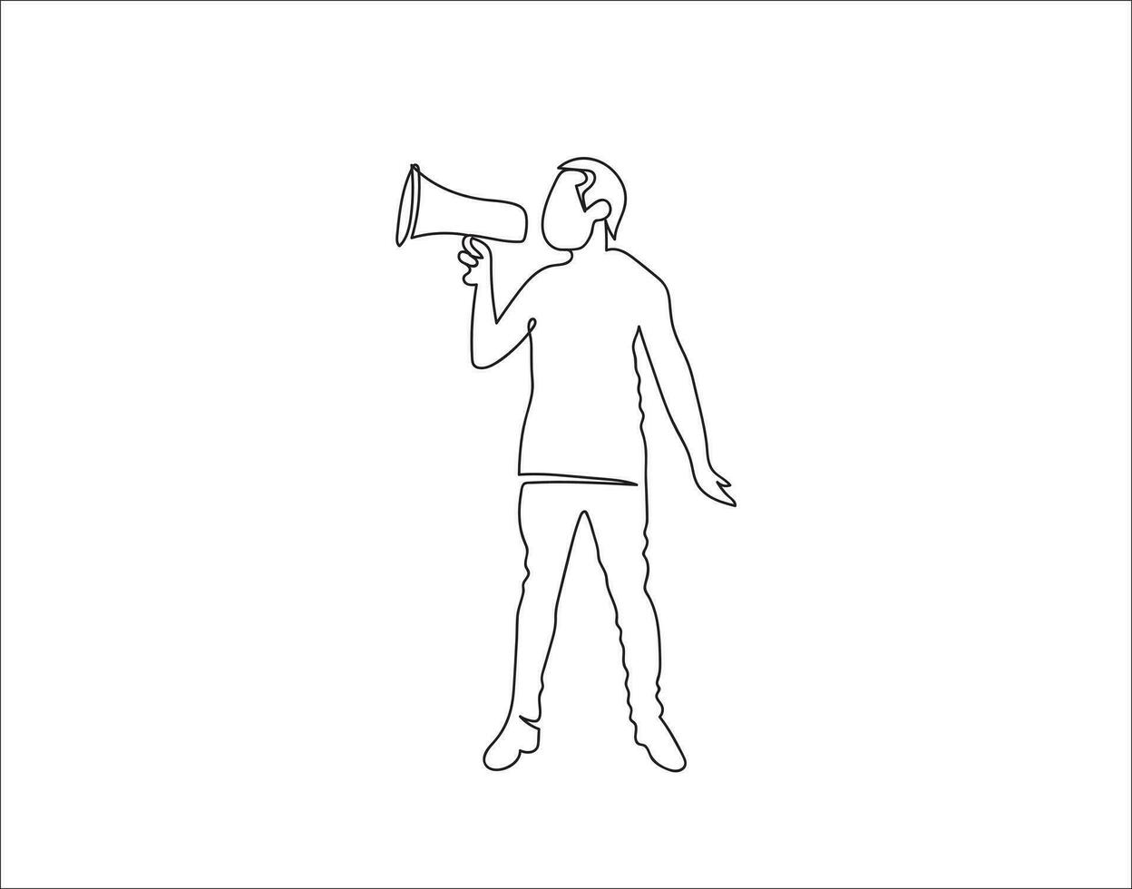A line drawing happy boy shouting in loudspeaker vector